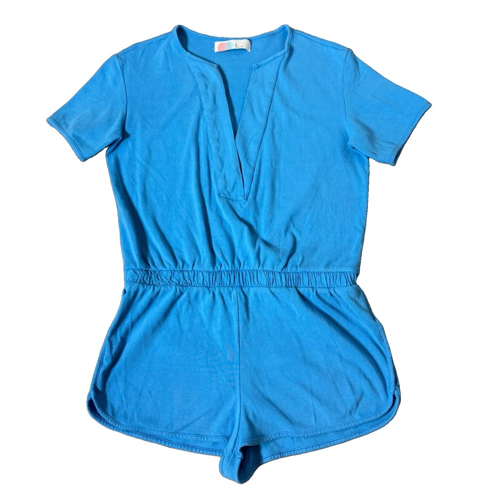 Free People Beach Lainey Romper Size M Blue V-Neck Stretch Relaxed Fit Knit Boho